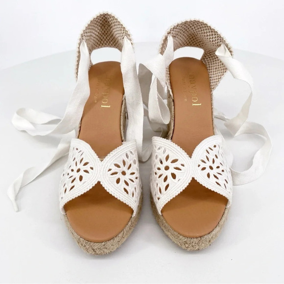 MAYPOL x Anthropologie | White Crochet Lace Up Espadrille Wedge Heel Sandals | 9 - Picture 3 of 13